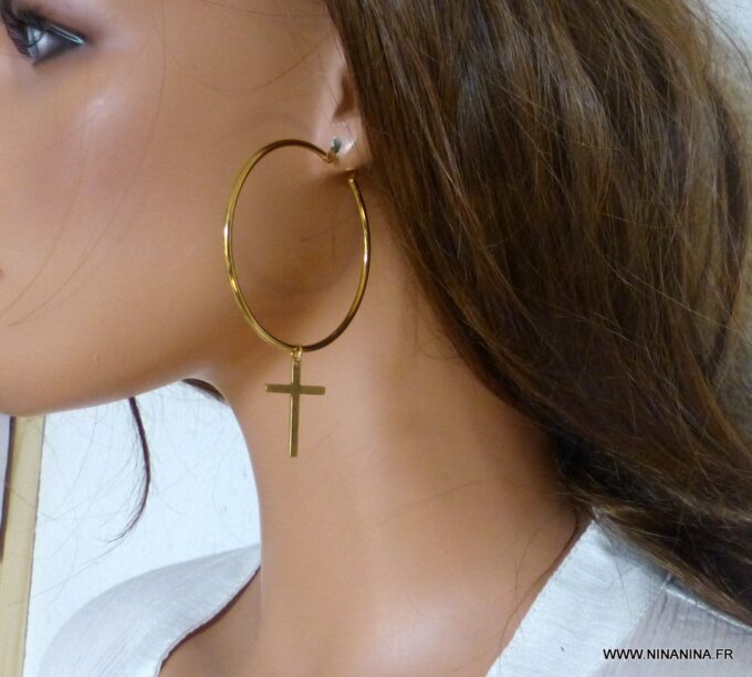 N5699A Boucles créoles femme pendentifs croix acier inoxydable doré NINANINA