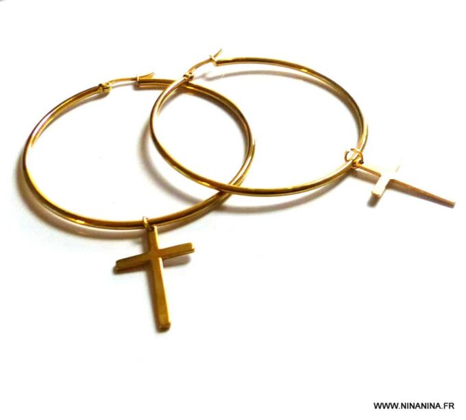 N5699B Boucles créoles femme pendentifs croix acier inoxydable doré NINANINA
