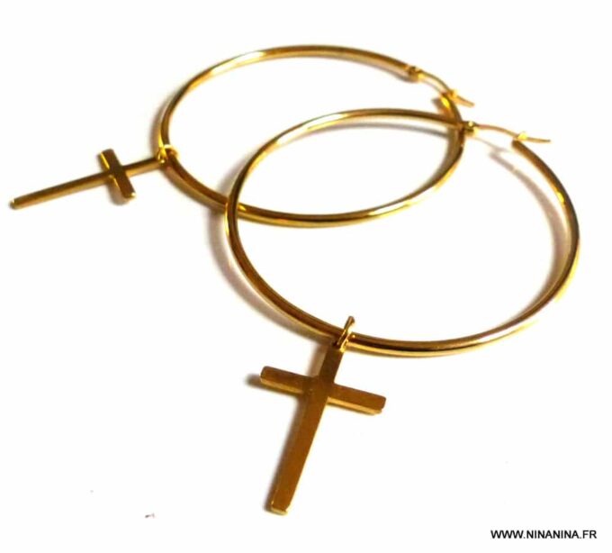 N5699F Boucles créoles femme pendentifs croix acier inoxydable doré NINANINA