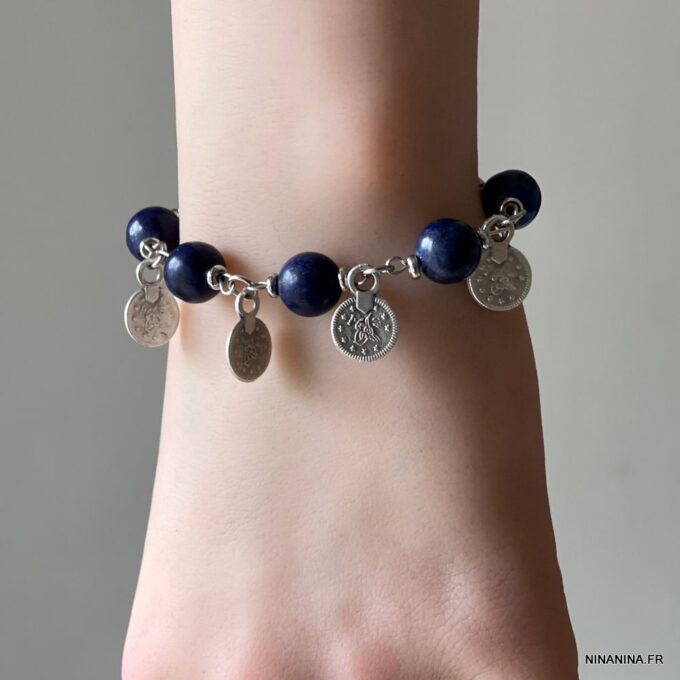 N569a Bracelet perles Lapis Lazuli femme breloques argentées - Bijoux Bracelets en ligne Ninanina