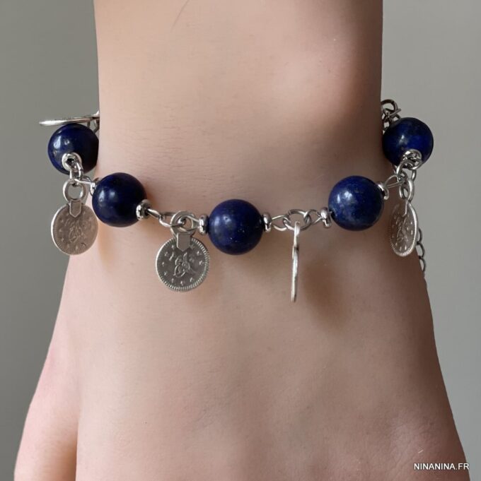 N569c Bracelet perles Lapis Lazuli femme breloques argentées - Bijoux Bracelets en ligne Ninanina