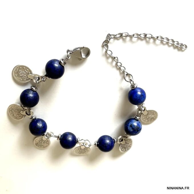 N569h Bracelet perles Lapis Lazuli femme breloques argentées - Bijoux Bracelets en ligne Ninanina