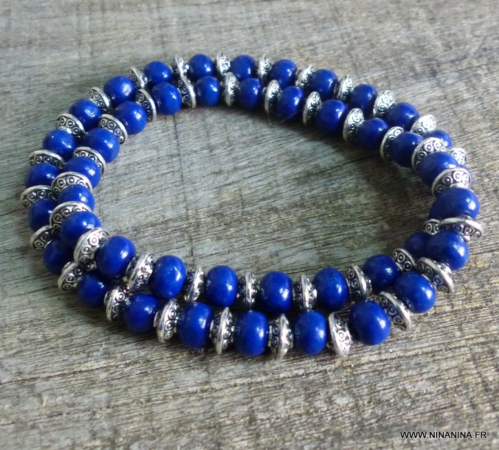 Bracelet perle bleu en bois et rondelles métal argenté - Ninanina