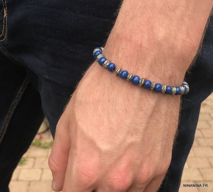 N5701 Bracelet homme perles bois bleu rondelles métal argent elastique - Bijoux Bracelets en ligne Ninanina