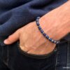 N5701A Bracelet homme perles bois bleu rondelles métal argent elastique - Bijoux Bracelets en ligne Ninanina
