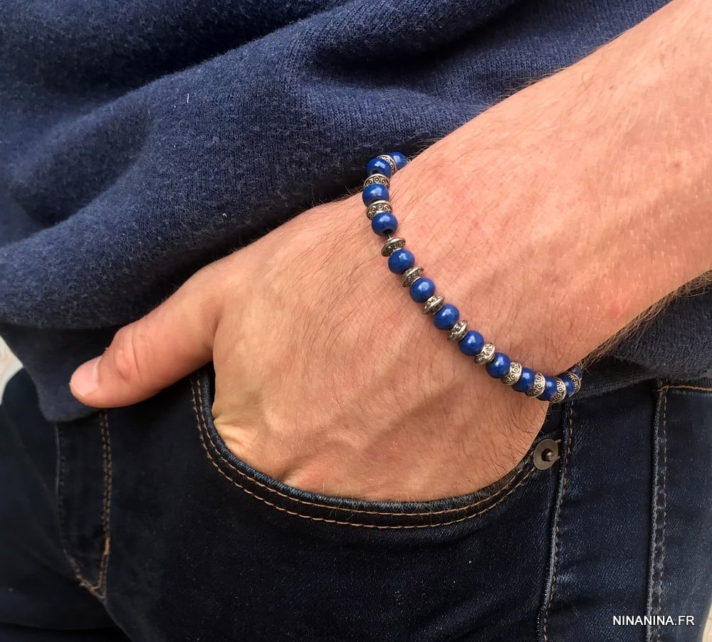 Bracelet perle bleu en bois et rondelles métal argenté - Ninanina