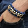 N5701b Bracelet homme perles bois bleu rondelles métal argent elastique - Bijoux Bracelets en ligne Ninanina