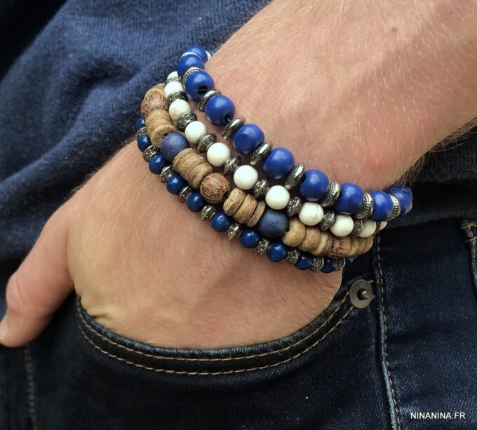 N5701b Bracelet homme perles bois bleu rondelles métal argent elastique - Bijoux Bracelets en ligne Ninanina