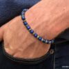 N5701C Bracelet homme perles bois bleu rondelles métal argent elastique - Bijoux Bracelets en ligne Ninanina