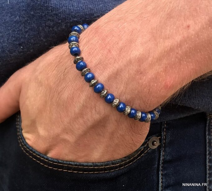 N5701C Bracelet homme perles bois bleu rondelles métal argent elastique - Bijoux Bracelets en ligne Ninanina