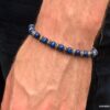 N5701D Bracelet homme perles bois bleu rondelles métal argent elastique - Bijoux Bracelets en ligne Ninanina