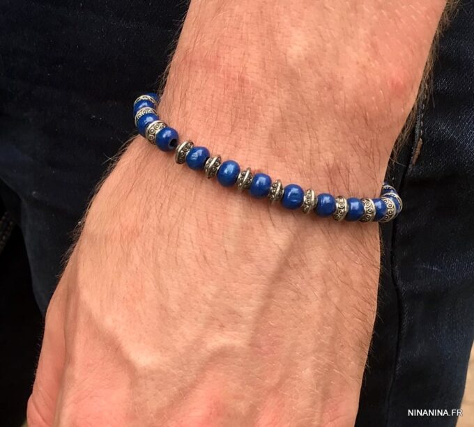 N5701D Bracelet homme perles bois bleu rondelles métal argent elastique - Bijoux Bracelets en ligne Ninanina