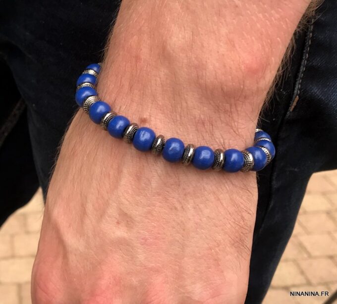 N5702f Bracelet homme perles bois bleues et métal noir NINANINA - Bijoux Bracelets en ligne Ninanina