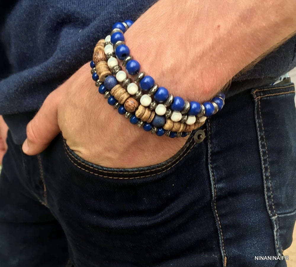 Bracelet homme perles bleues en bois fil elastique - Ninanina