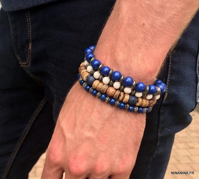 N5702H Bracelet homme perles bois bleues et métal noir NINANINA - Bijoux Bracelets en ligne Ninanina