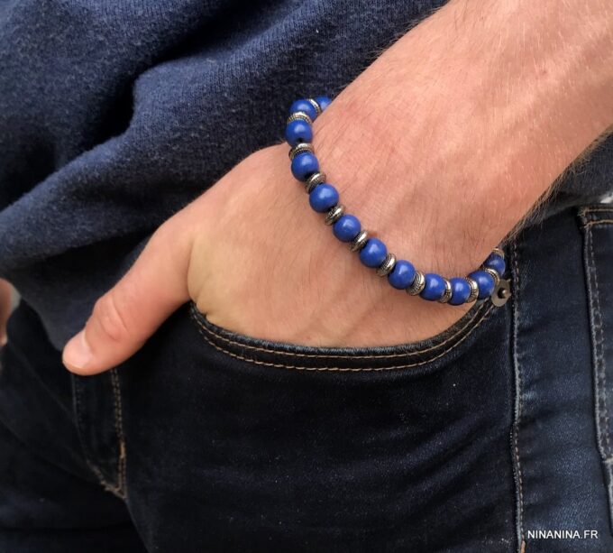 N5702I Bracelet homme perles bois bleues et métal noir NINANINA - Bijoux Bracelets en ligne Ninanina