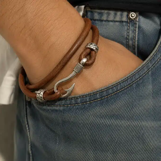 N5707a Bracelet homme cuir 2 tours crochet acier inoxydable - Bijoux bracelets hommes en ligne Ninanina