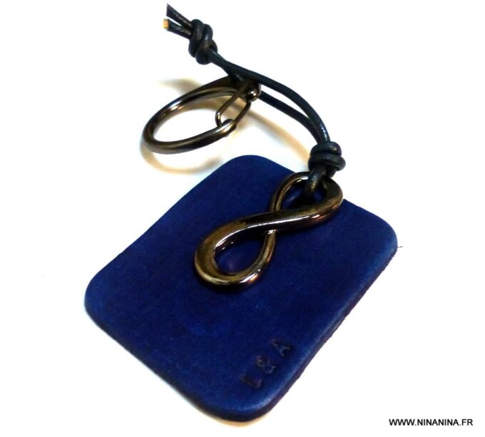 N5709 Porte clé homme cuir bleu infini métal noir personnalisé NINANINA