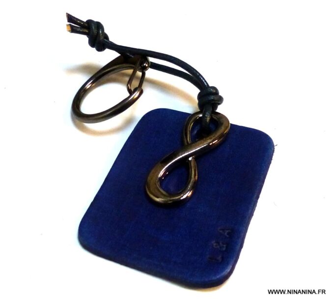 N5709b Porte clé homme cuir bleu infini métal noir personnalisé NINANINA
