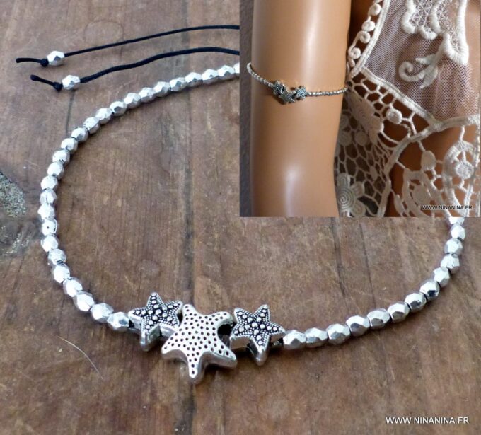 N5711 Bracelet de bras biceps femme fille étoiles de mer métal argent NINANINA