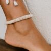 N5712a Chevillère bijou artisanale - Bracelet de cheville disques de coquillage naturel et Argent 925 - Bijoux de pied en ligne