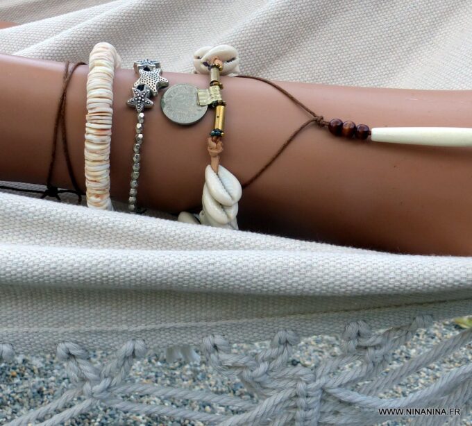N5712C Bracelet de cheville tribal coquillages argent massif - Bijoux en ligne NINANINA