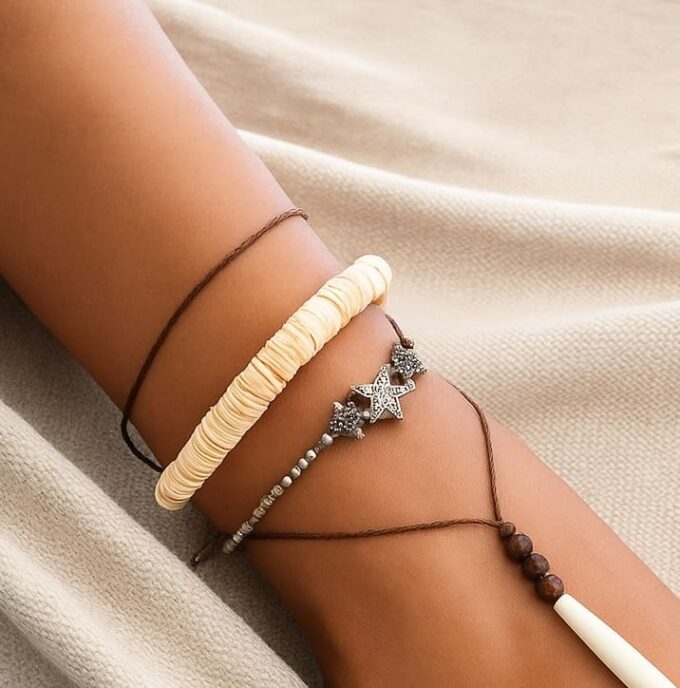 N5712c Chevillère bijou artisanale - Bracelet de cheville disques de coquillage naturel et Argent 925 - Bijoux de pied en ligne