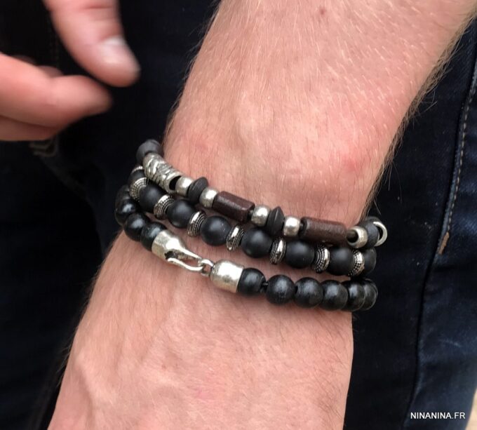 N5722 Bracelet homme perle bois noir fermoir crochet - Bijoux Bracelets en ligne Ninanina