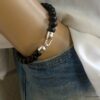 N5722 Bracelet homme perles bois noires fermoir crochet argent NINANINA