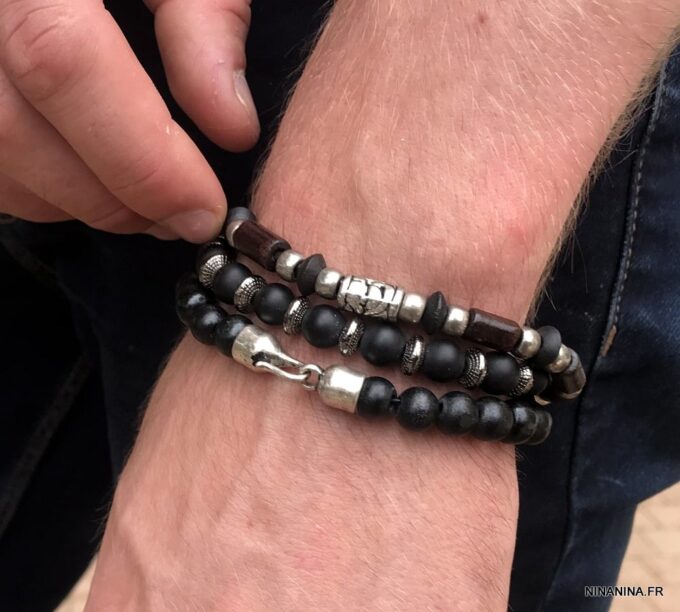 N5722A Bracelet homme perle bois noir fermoir crochet - Bijoux Bracelets en ligne Ninanina