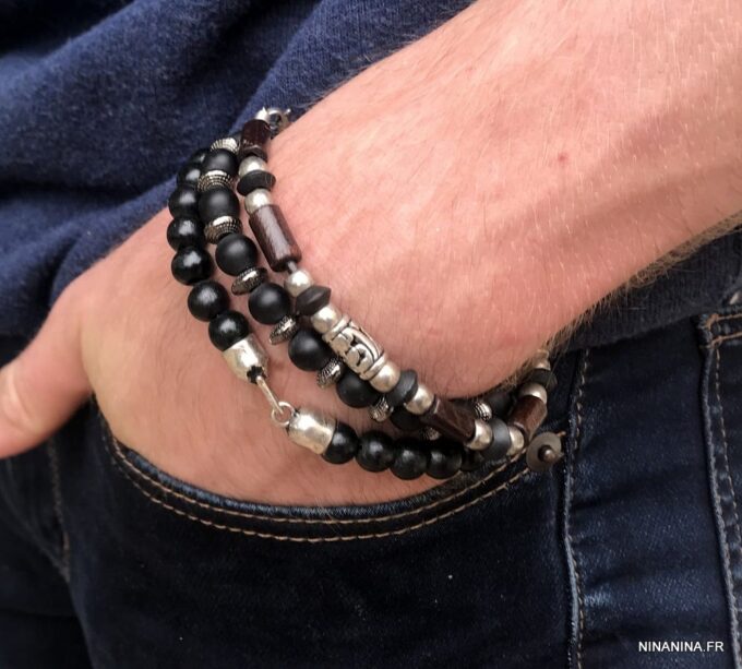 N5722B Bracelet homme perle bois noir fermoir crochet - Bijoux Bracelets en ligne Ninanina