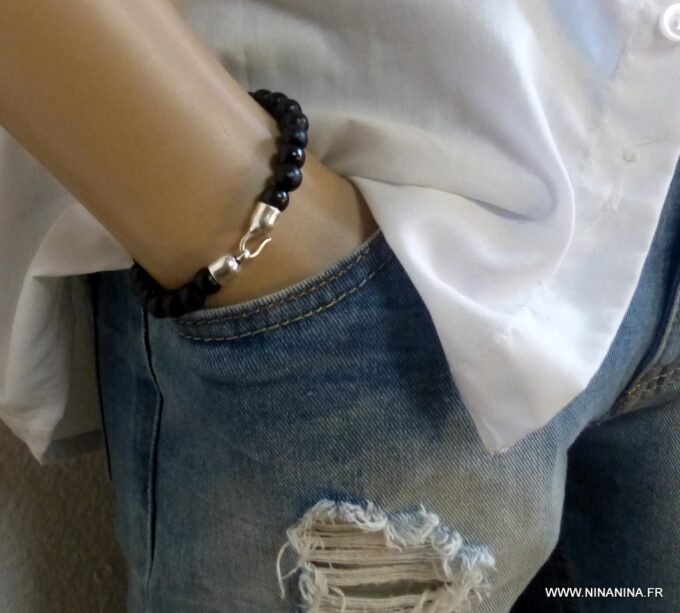 N5722e Bracelet homme perles bois noires fermoir crochet argent NINANINA