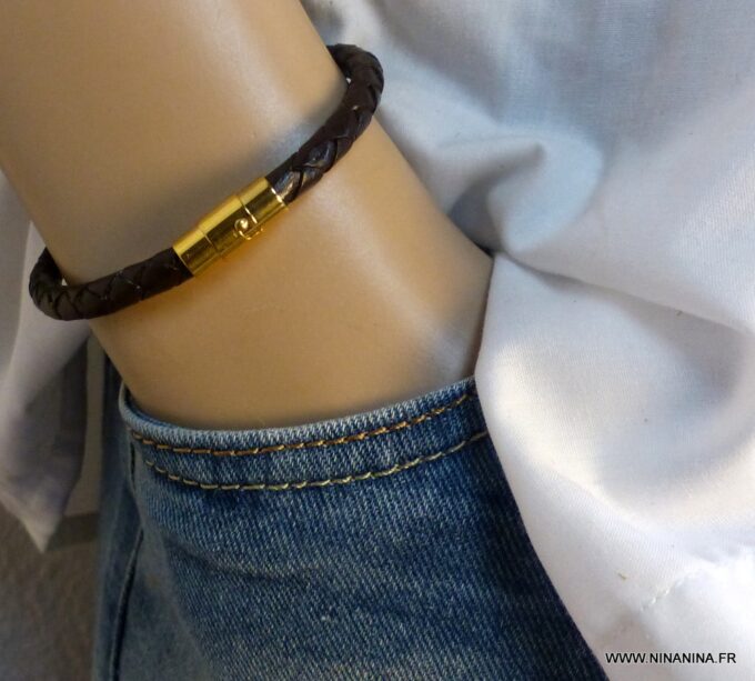 N5723a Bracelet homme cuir tressé noir fermoir aimanté acier inoxydable doré NINANINA