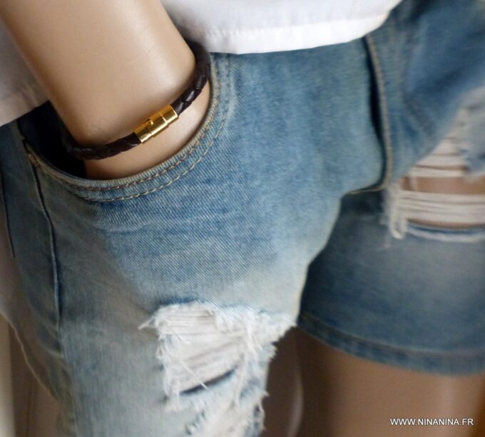 N5723g Bracelet cuir tressé homme fermoir aimanté Acier doré - Bijoux Bracelets en ligne Ninanina