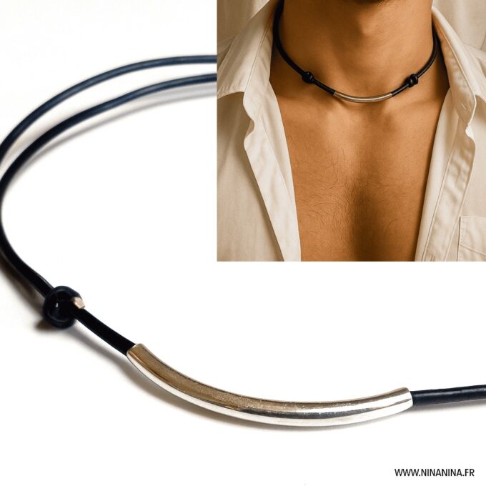 N5724a Collier ras de cou cordon cuir homme avec perle tube incurvé argent 925 artisanal - Bijoux Colliers en ligne Ninanina