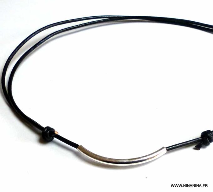 N5724c Collier homme femme cordon cuir lune argent 925 massif NINANINA