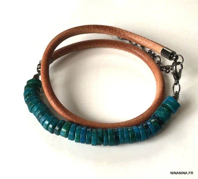 N5725 Bracelet turquoise naturelle homme cordon cuir 2 tours - Bijux Bracelets en ligne Ninanina