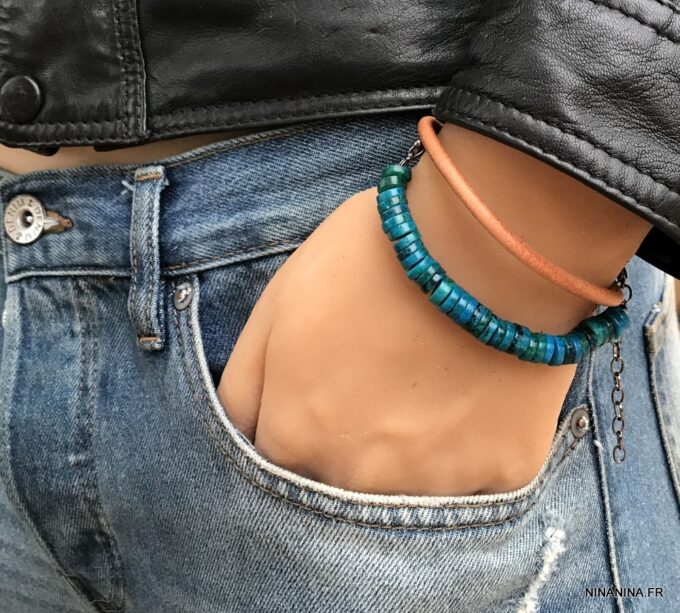N5725a Bracelet turquoise naturelle homme cordon cuir 2 tours - Bijux Bracelets en ligne Ninanina