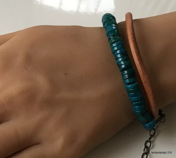 N5725b Bracelet turquoise naturelle homme cordon cuir 2 tours - Bijux Bracelets en ligne Ninanina