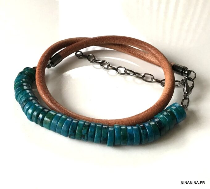 N5725c Bracelet turquoise naturelle homme cordon cuir 2 tours - Bijux Bracelets en ligne Ninanina