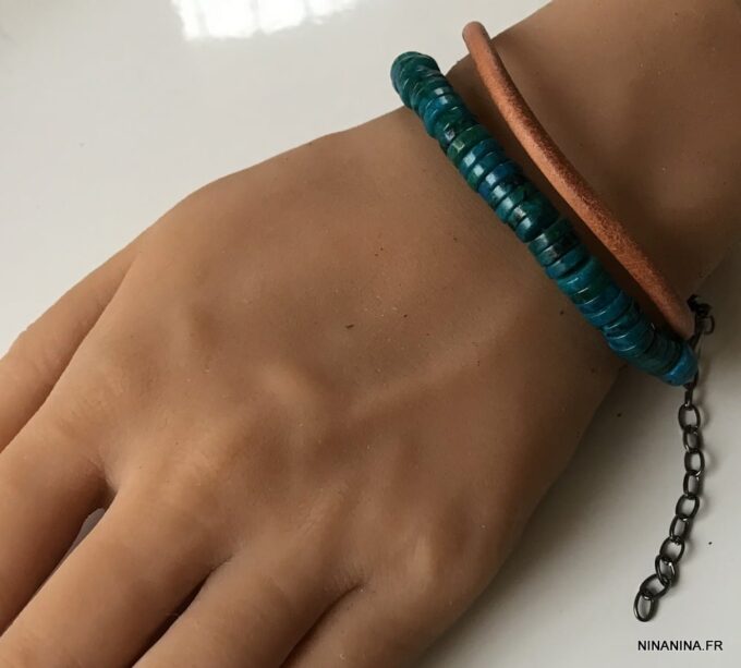 N5725f Bracelet turquoise naturelle homme cordon cuir 2 tours - Bijux Bracelets en ligne Ninanina