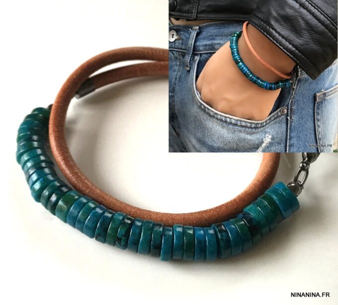 N5725g Bracelet turquoise naturelle homme cordon cuir 2 tours - Bijux Bracelets en ligne Ninanina