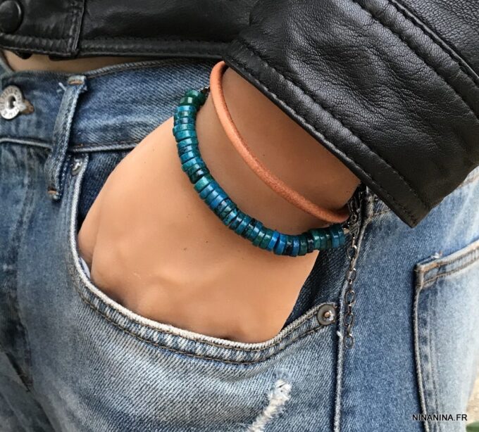 N5725h Bracelet turquoise naturelle homme cordon cuir 2 tours - Bijux Bracelets en ligne Ninanina
