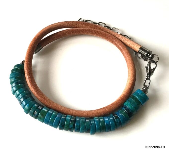 N5725i Bracelet turquoise naturelle homme cordon cuir 2 tours - Bijux Bracelets en ligne Ninanina
