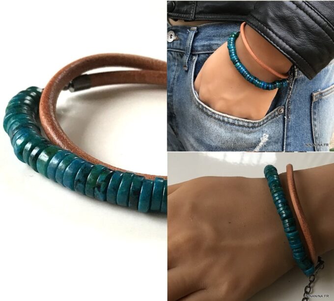 N5725j Bracelet turquoise naturelle homme cordon cuir 2 tours - Bijux Bracelets en ligne Ninanina