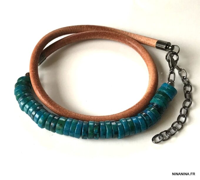N5725k Bracelet turquoise naturelle homme cordon cuir 2 tours - Bijux Bracelets en ligne Ninanina