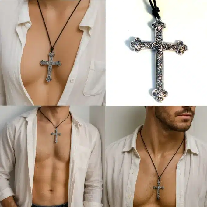 N5740 Collier grosse croix argentée homme artisanal - cordon cuir noir réglable par noeud coulissant - Bijoux Colliers gothiques en ligne Ninanina