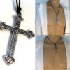 N5740 Collier homme femme cordon cuir grande croix métal argent NINANINA