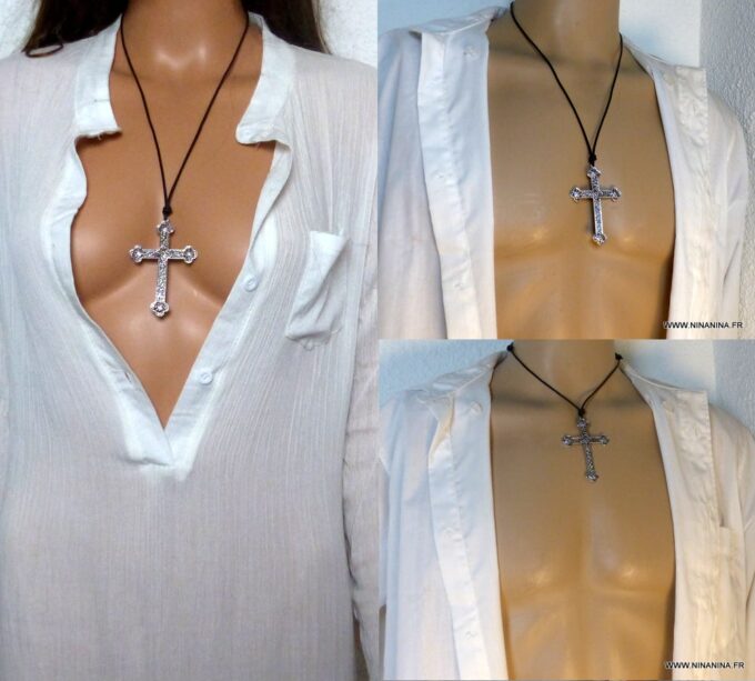 N5740a Collier homme femme cordon cuir grande croix métal argent NINANINA