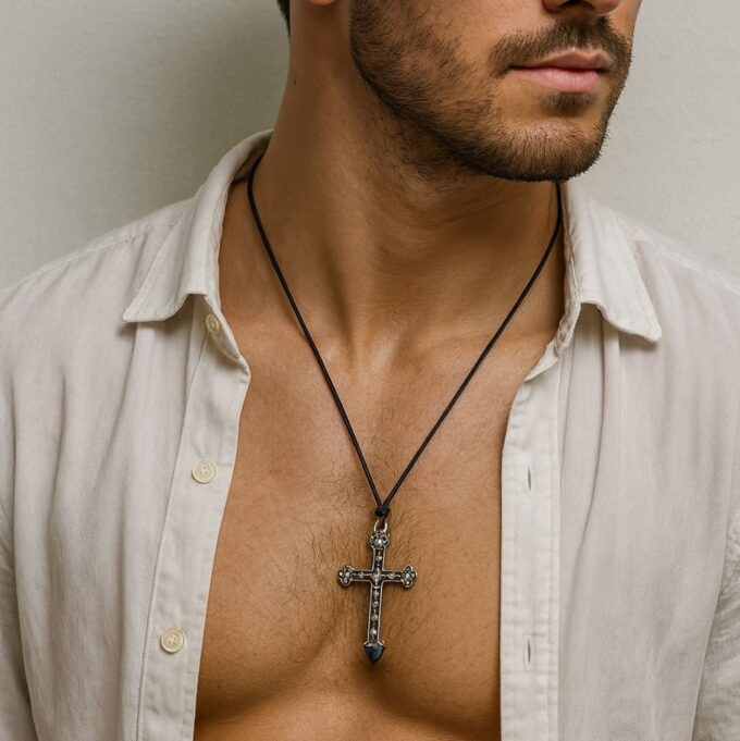 N5740b Collier grosse croix argentée homme artisanal - cordon cuir noir réglable par noeud coulissant - Bijoux Colliers gothiques en ligne Ninanina